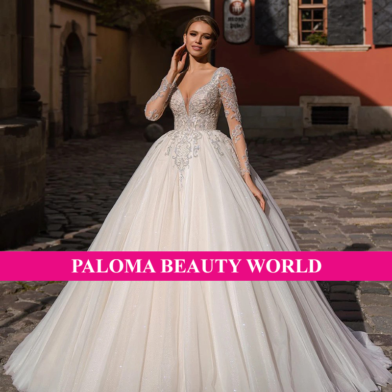 Elegant Silky Tulle V-Neck A-Line Wedding Dress Beading Appliques Lace Full Sleeves Bridal Outfit