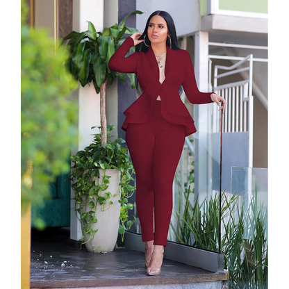 Casual Two Piece Elegant Blazer Coat Pencil Pants Solid Office Lady Workwear Plus Size Set