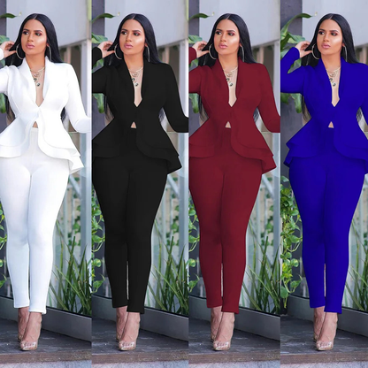 Casual Two Piece Elegant Blazer Coat Pencil Pants Solid Office Lady Workwear Plus Size Set