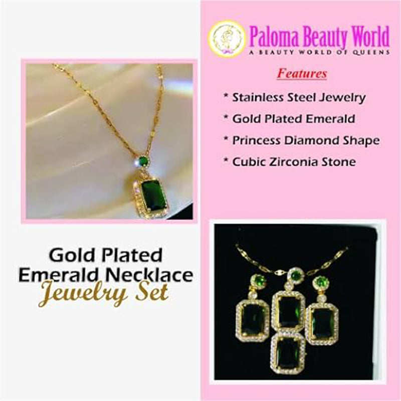 Paloma Beauty World’s Iced Out Cubic Zirconia Green Gemstone Gold Plated Emerald Jewelry Sets for women, Elegant Wedding Jewelry Set for Women and Girls, Earrings and necklace set for women