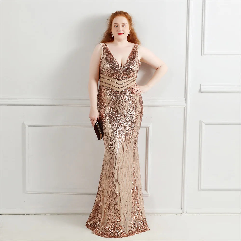 Plus Size Elegant V Neck Women See Through Beads Long Party Dress 2024 Sequins Long Prom Dress