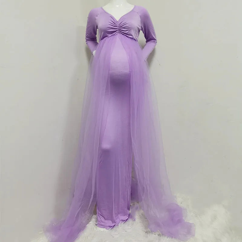 Baby Shower Long Tulle Dress Slash Neck Maternity Maxi Gown Pregnant Woman Long Dress