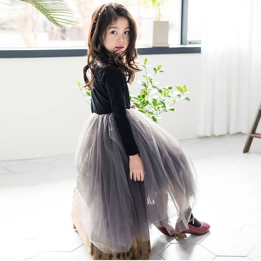 Girls Fleece Dress Solid Color Long Sleeve Dresses for Party Elegant Patchwork Mesh Dress Princess Ball Gown Children Clothing