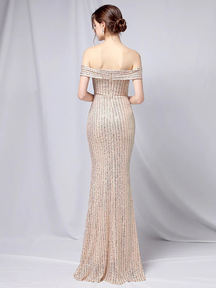 Elegant Off Shoulder Party Maxi Dress 2024 Boat Neck Gold Sequin Women Long Evening Wedding Dress