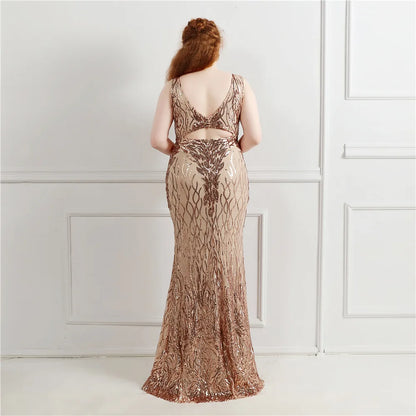 Plus Size Elegant V Neck Women See Through Beads Long Party Dress 2024 Sequins Long Prom Dress