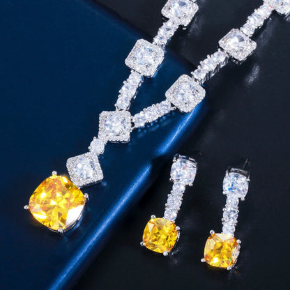 Elegant Yellow CZ Crystal Silver Color Big Square Drop Earrings Necklace Wedding Party Jewelry Women Set