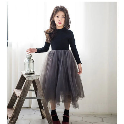 Girls Fleece Dress Solid Color Long Sleeve Dresses for Party Elegant Patchwork Mesh Dress Princess Ball Gown Children Clothing