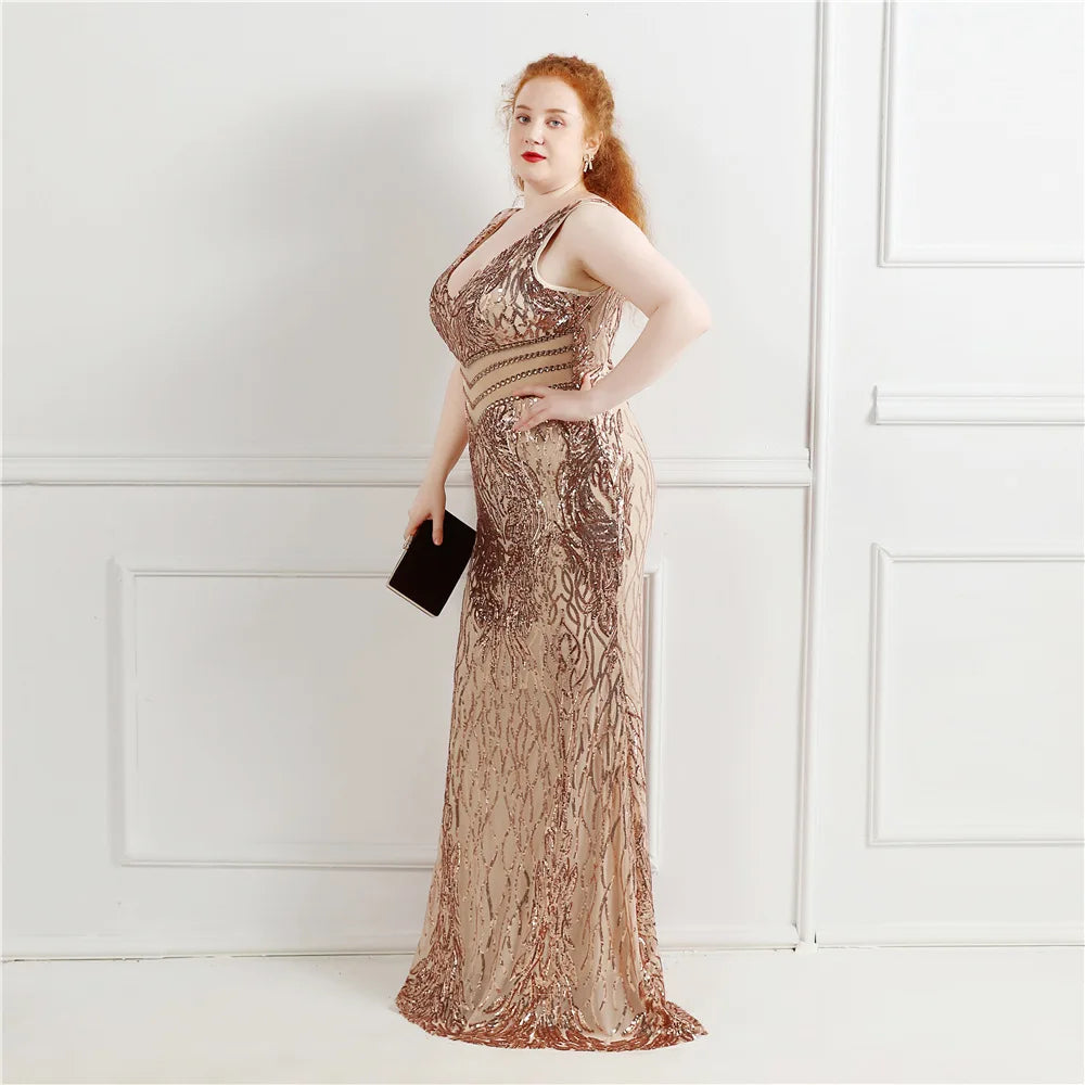 Plus Size Elegant V Neck Women See Through Beads Long Party Dress 2024 Sequins Long Prom Dress