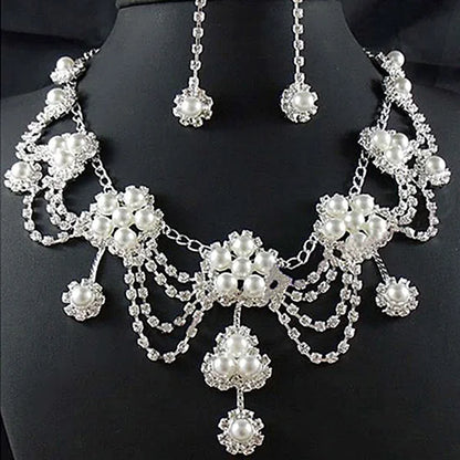 Luxury Rhinestone Faux Pearl Women Necklace Earring Wedding Bridal Jewelry Set Elegant Shiny Jewelry Set Wedding Accessory