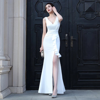 Women Party Maxi Dress Soft Satin V Neck Slit Evening Dress Long Bridesmaid Dress