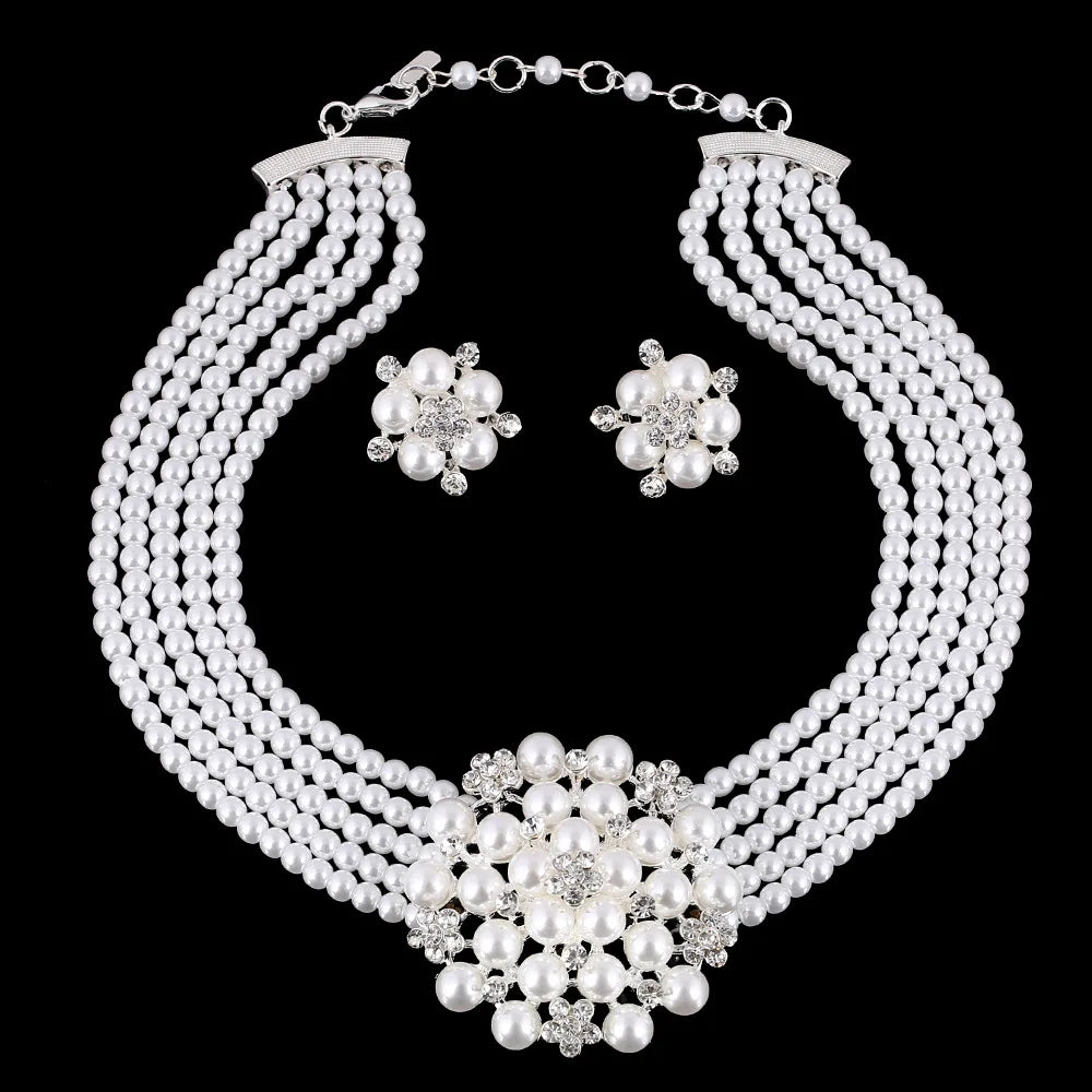 Elegant Wedding Bride Necklace Sets Multi-layer Imitation Pearl Chain Big Flower Jewelry Set For Women