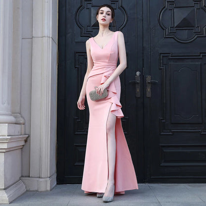 Women Party Maxi Dress Soft Satin V Neck Slit Evening Dress Long Bridesmaid Dress