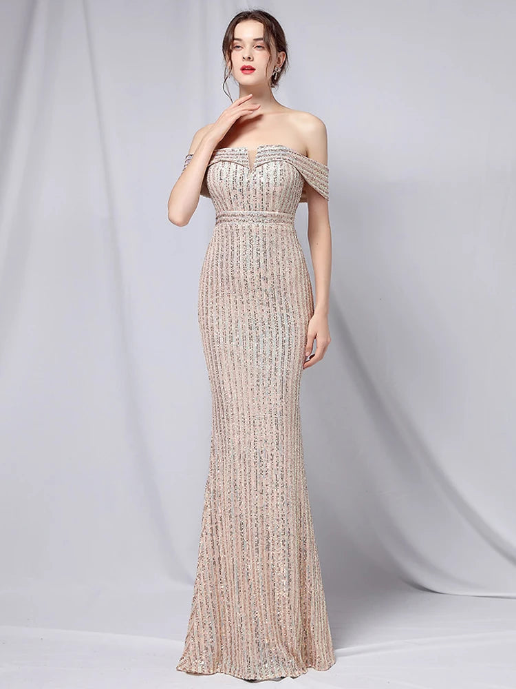 Elegant Off Shoulder Party Maxi Dress 2024 Boat Neck Gold Sequin Women Long Evening Wedding Dress