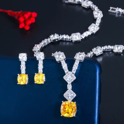 Elegant Yellow CZ Crystal Silver Color Big Square Drop Earrings Necklace Wedding Party Jewelry Women Set