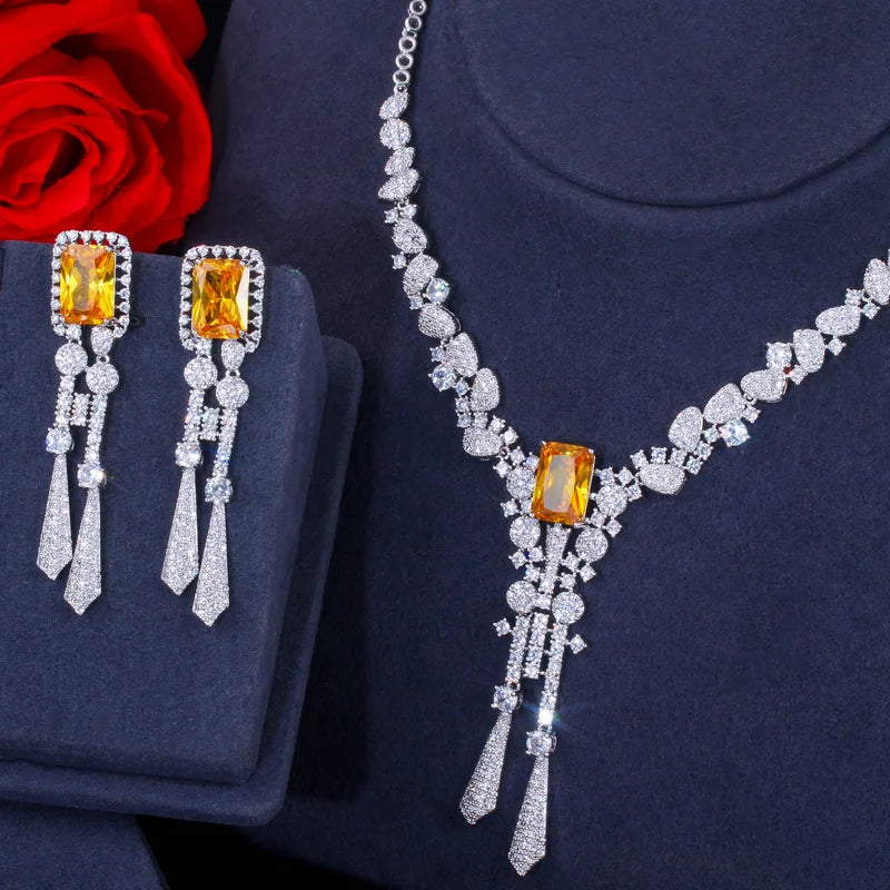 Classic Square Yellow CZ Long Dangle Tassel Necklace Earrings Wedding Bride Jewelry Women Set