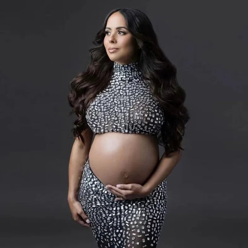 Maternity Embellished Top and Bottom Rhinestones Skirt Dress Pregnancy Photoshoot Baby Shower Wear