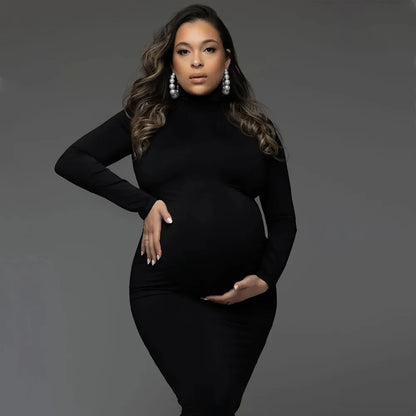 High Neck Full Sleeve Maternity Skinny Dress Pregnant Woman Stretchy Long Dress