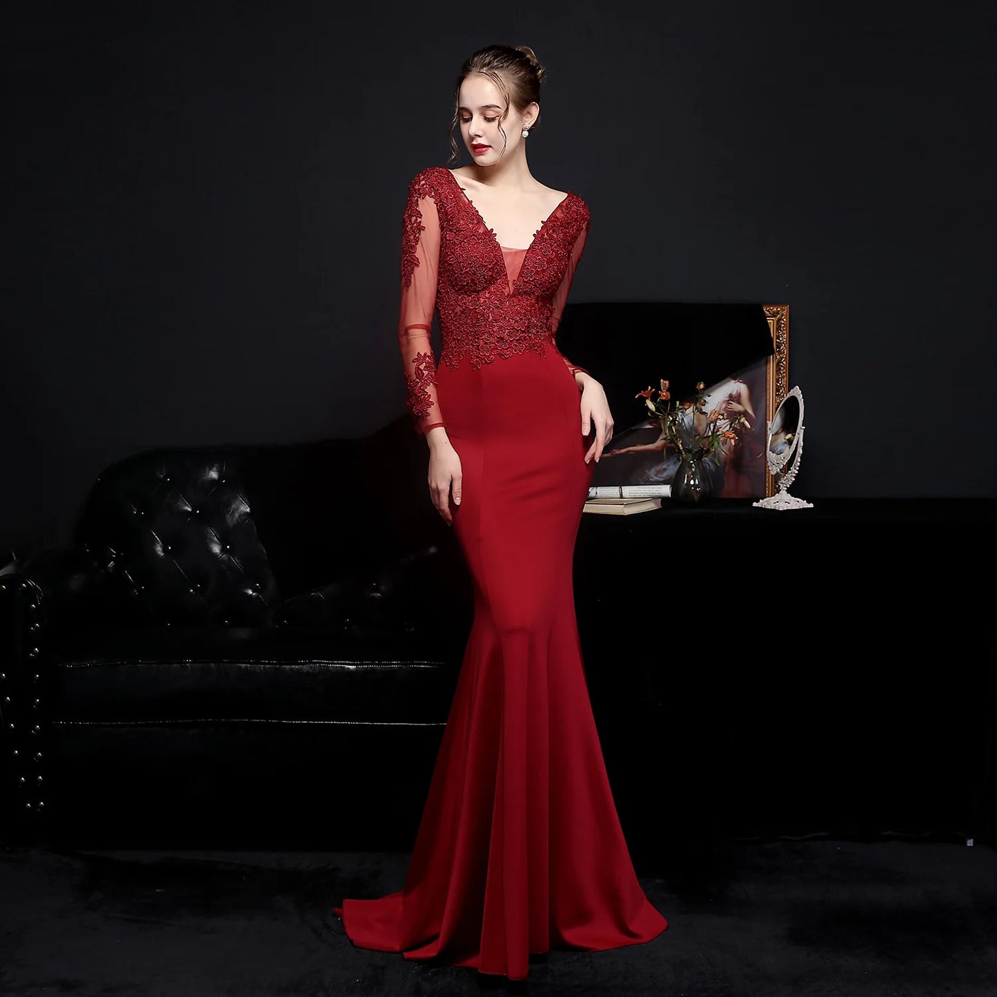 Women Pink Long Dress V-Neck Appliques Full Sleeve Evening Dress See through Elegant Party Dress