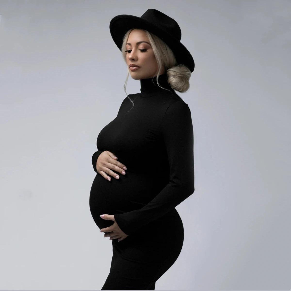 High Neck Full Sleeve Maternity Skinny Dress Pregnant Woman Stretchy Long Dress