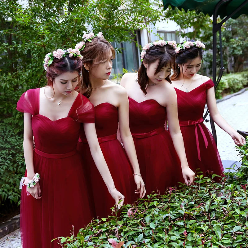 Burgundy Long Women Princess Bridesmaid Banquet Party Gown Dress