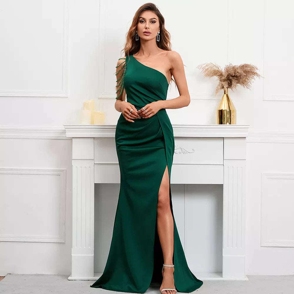 Women Slit Long Evening Dress One Shoulder Slash Neck Beading Party Maxi Dress