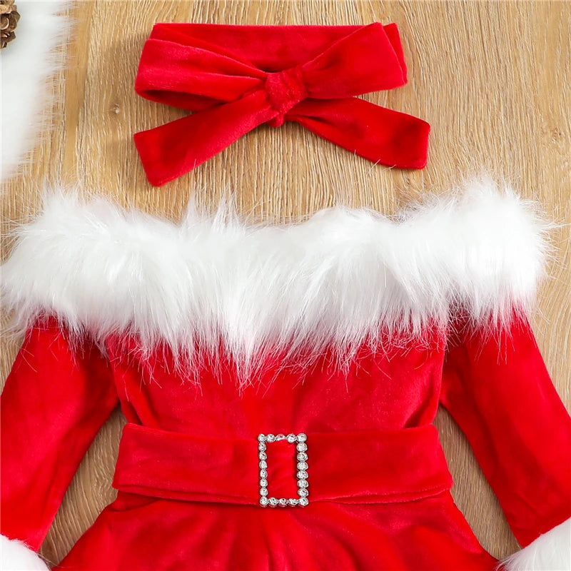 Latest Baby Girl Christmas Clothes Set Faux Fur Patchwork Long Sleeve Off Shoulder A-Line Dress with Belt + Bow Headband