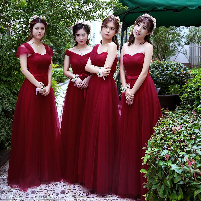 Burgundy Long Women Princess Bridesmaid Banquet Party Gown Dress