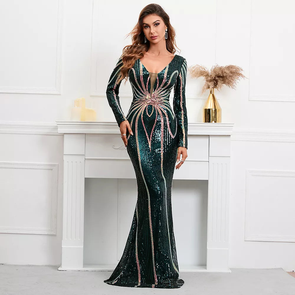 Stretch Sequin Maxi Dress Full Sleeve V Neck Mermaid Evening Night Long Party Women Dress