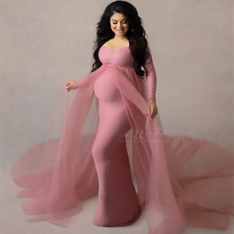 Baby Shower Long Tulle Dress Slash Neck Maternity Maxi Gown Pregnant Woman Long Dress