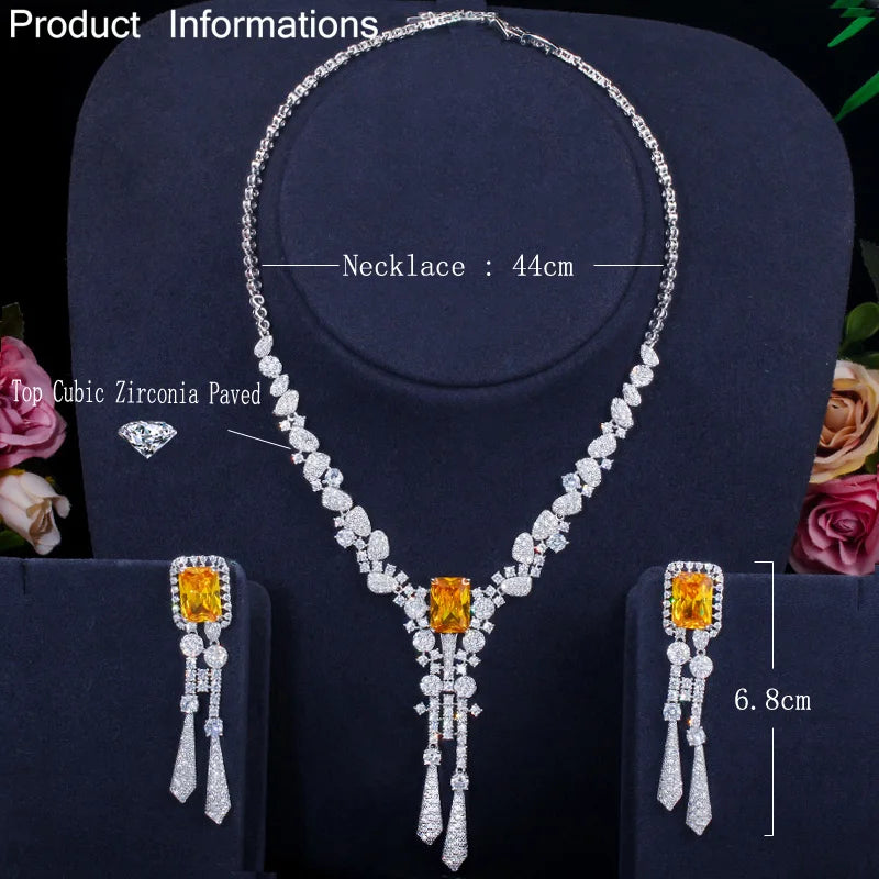 Classic Square Yellow CZ Long Dangle Tassel Necklace Earrings Wedding Bride Jewelry Women Set