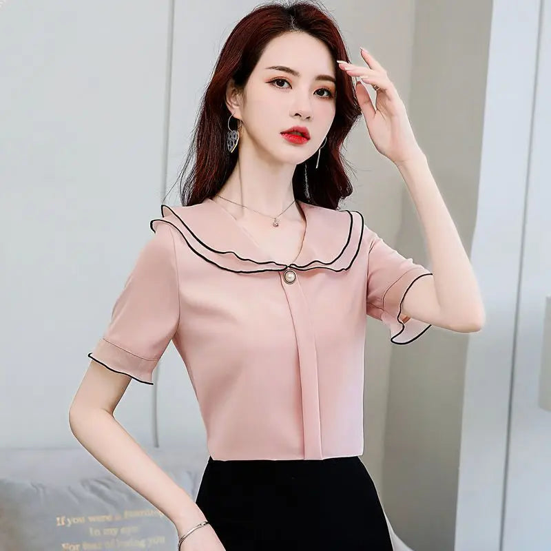 Summer Chiffon Thin Blouse Short Sleeve Solid Color Patchwork Office Shirt Elegant Fashion Women Clothing
