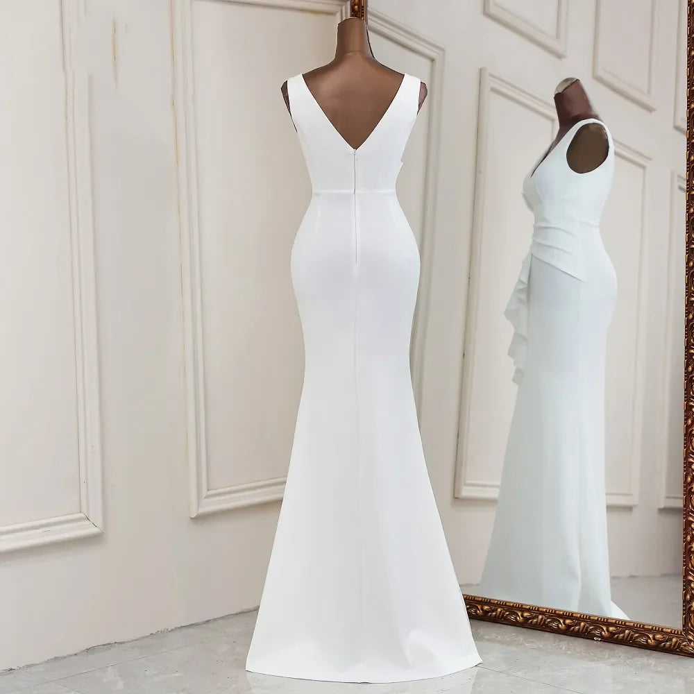 Elegant Satin V-neck Wide Shoulder Floor-Length Wedding Bridesmaid Dress