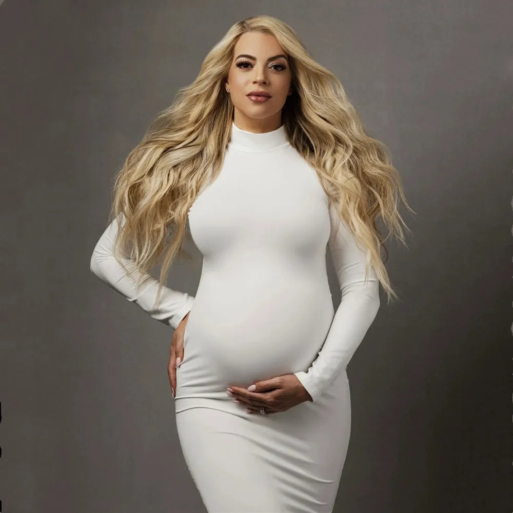 High Neck Full Sleeve Maternity Skinny Dress Pregnant Woman Stretchy Long Dress