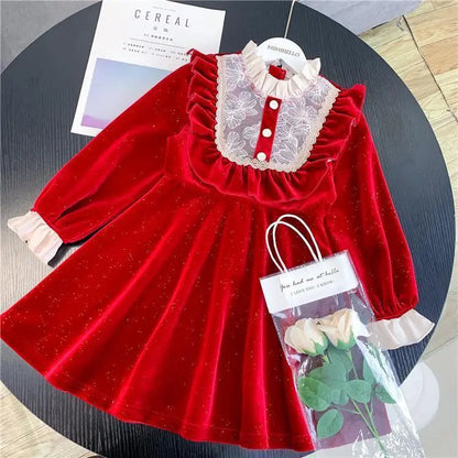 Hot Red Dress For Girls Birthday Party Performance Clothes New Winter Spring Autumn Children Velvet Glisten Dress