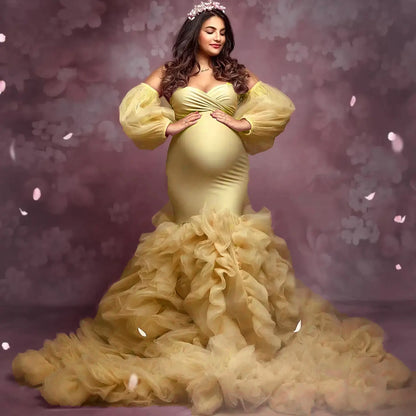 Luxury Mermaid Evening Dresses Off Shoulder Ruffles Pregnant Women Robe Long Sleeves Maternity Gown