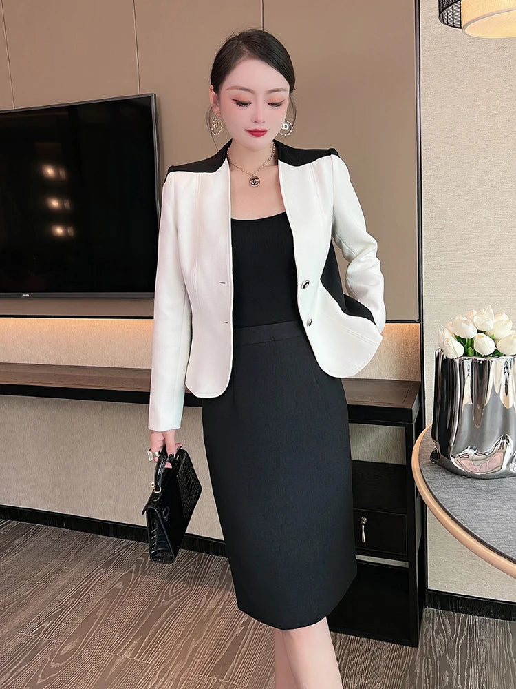 Color Block Blazer Skirt Two Piece Dress Sets Elegant Women Outfit Office Formal Suit Set