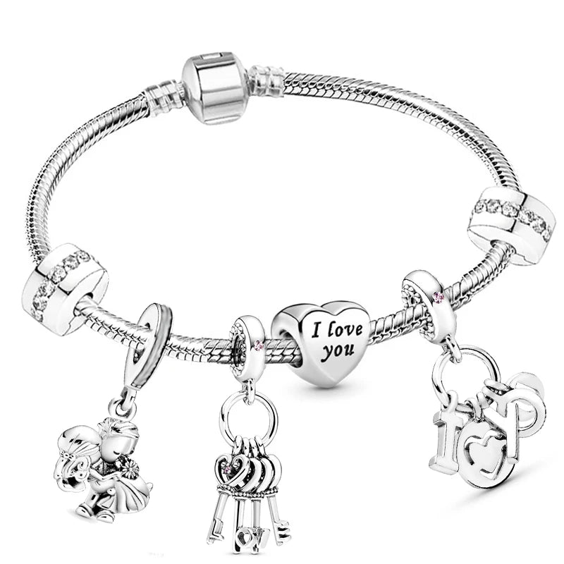 New Trendy Romantic Silver Color Charm Bracelet With Happy Family Strand Brand Bracelet