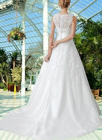 Wedding Dress with Detachable Skirt Appliques Lace Sleeveless A Line Floor Length Bridal Robe