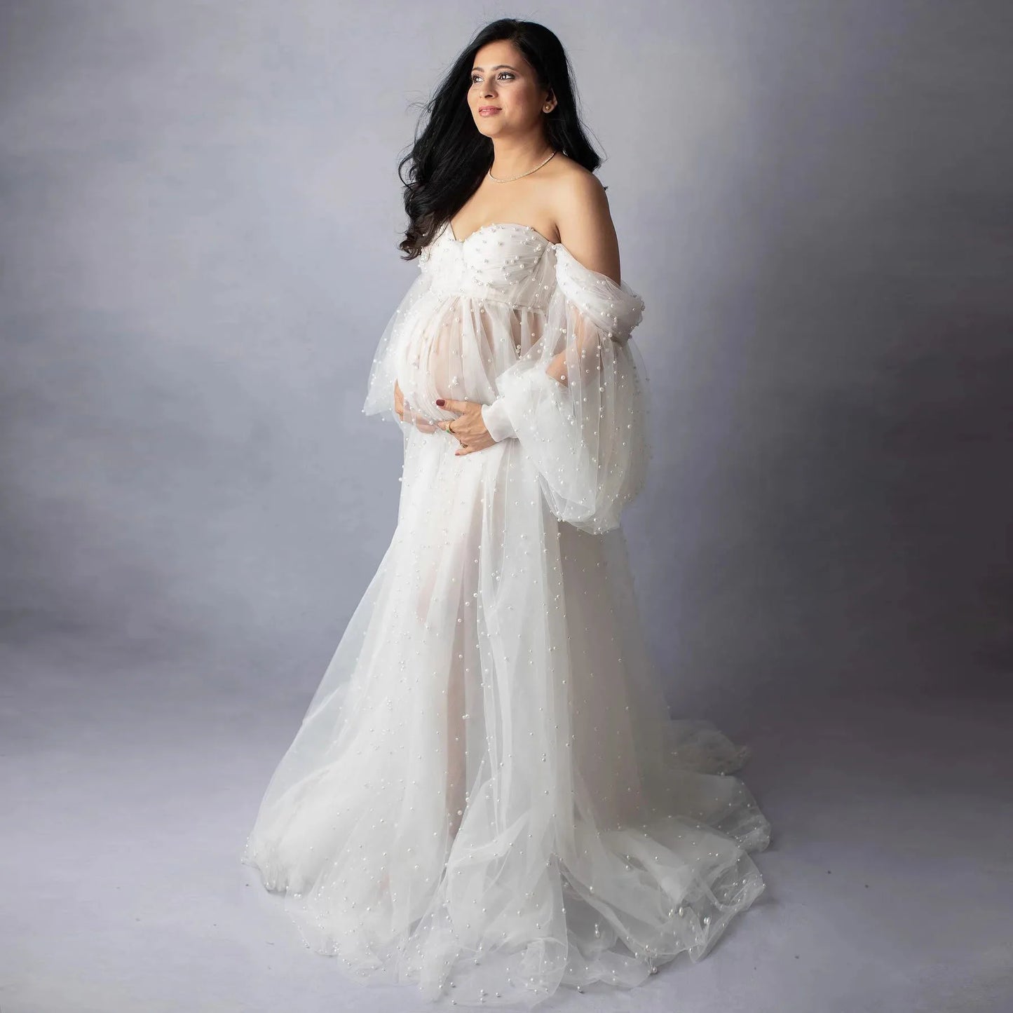 Gorgeous Ivory Pearls Tulle Maternity Dress Pregnancy Babyshower Photography Outfit Off Shoulder Maternity Gown