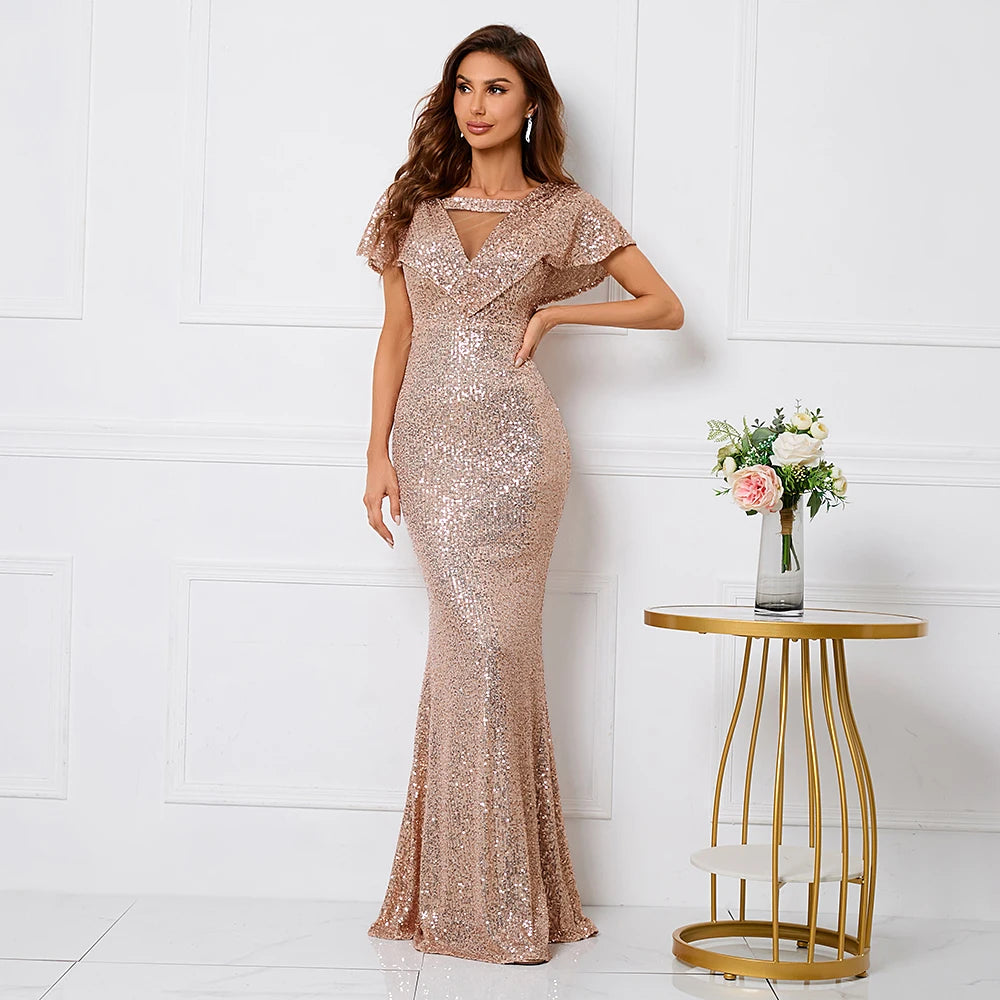 Elegant Long Gold Sequin Dress V Neck Party Maxi Dress Women Prom Evening Outfit