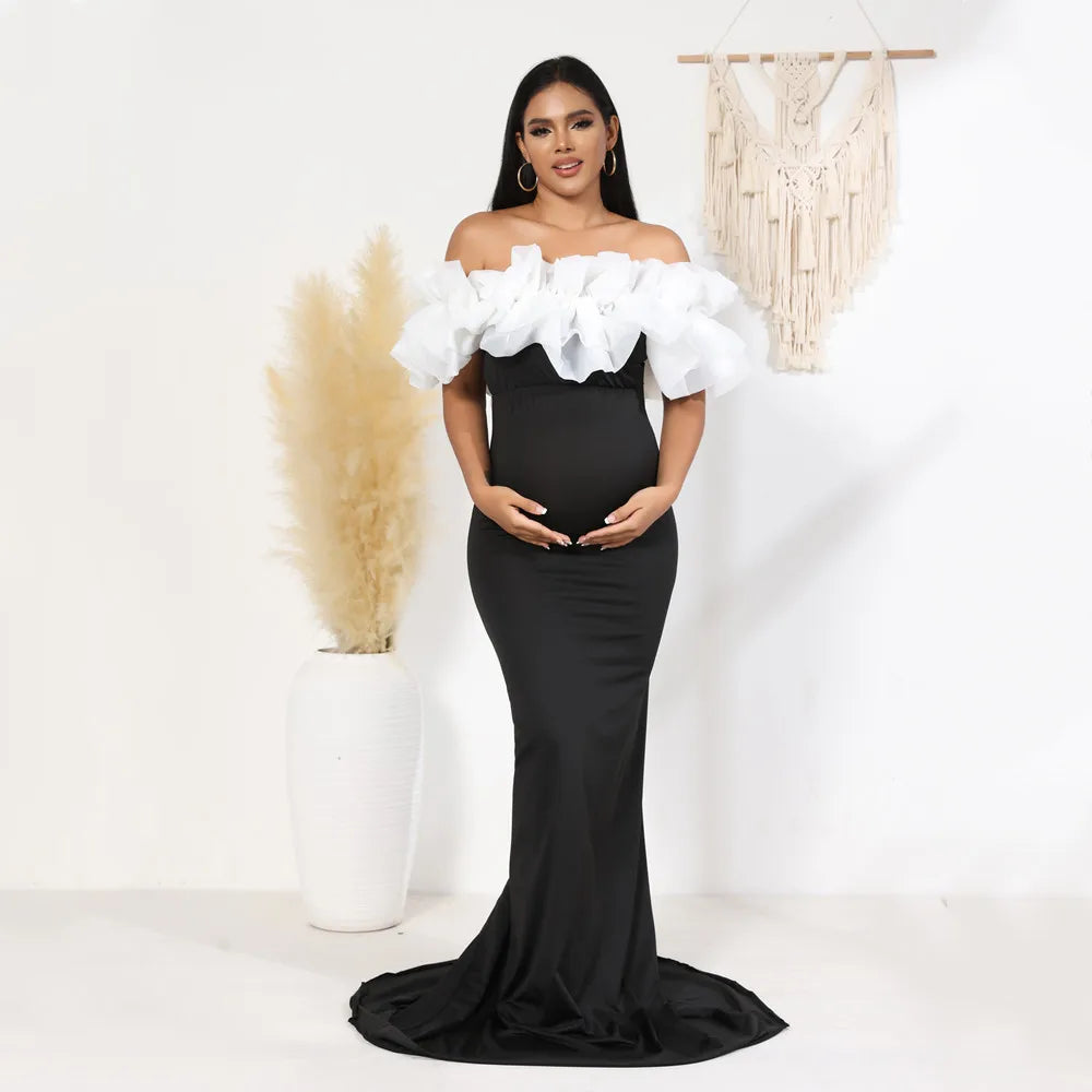 Slash Neck Mesh Stretchy Maternity Long Dress Skinny Maternity Woman Pregnancy Maxi Gown