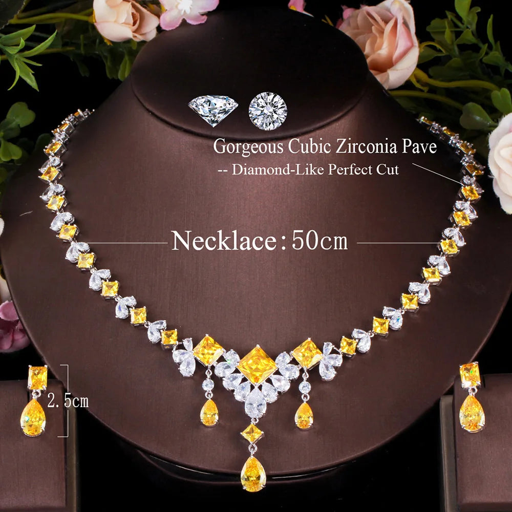 Elegant Yellow CZ Crystal Silver Color Big Square Drop Earrings Necklace Wedding Party Jewelry Women Set