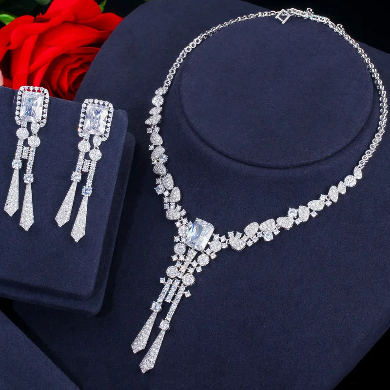 Classic Square Yellow CZ Long Dangle Tassel Necklace Earrings Wedding Bride Jewelry Women Set