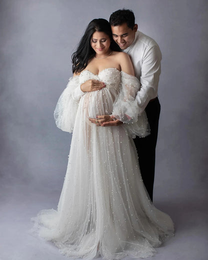 Gorgeous Ivory Pearls Tulle Maternity Dress Pregnancy Babyshower Photography Outfit Off Shoulder Maternity Gown