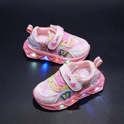 Disney LED Casual Sneakers Spring Girls Frozen Elsa Princess Print Pu Leather Children Shoes Lighted Non-slip Pink Purple