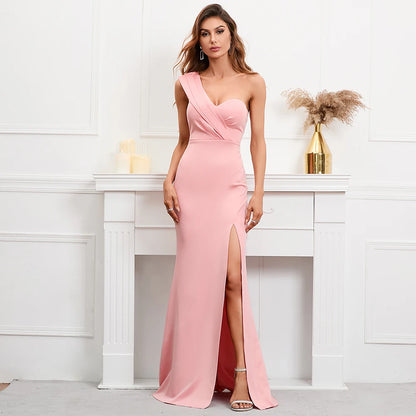 Women One Shoulder Simple Evening Dress Pink Celebrity Party Maxi Dress Slash Neck Long Dress