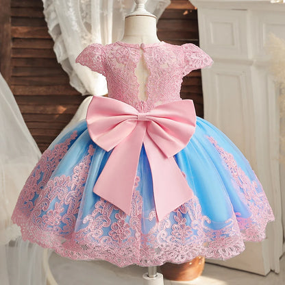 Vintage Birthday/Party Princess Dress Baby Embroidery Floral Bow Tutu Gown Flower Girl Wedding Dress Kid Formal Occasion Gala Gown