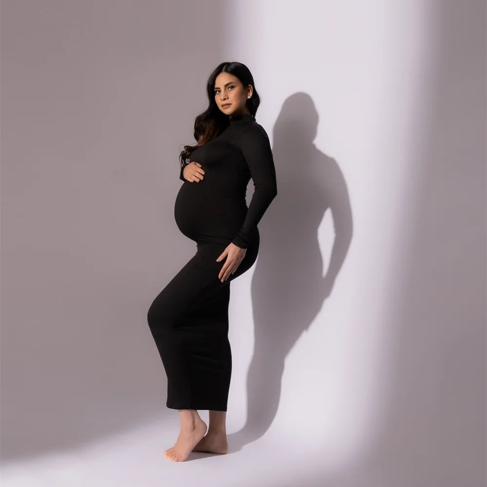 High Neck Full Sleeve Maternity Skinny Dress Pregnant Woman Stretchy Long Dress