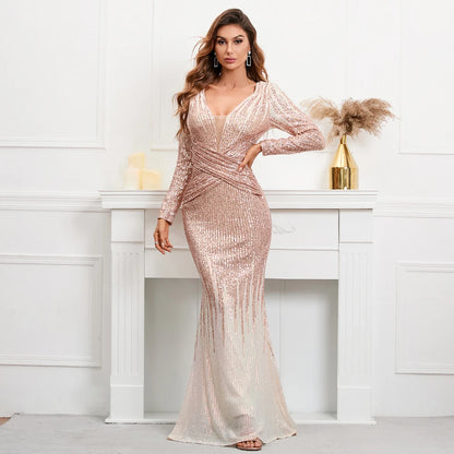 Stretch Sequined Maxi Dress Full Sleeve V Neck Mermaid Evening Night Long Party Prom Dress
