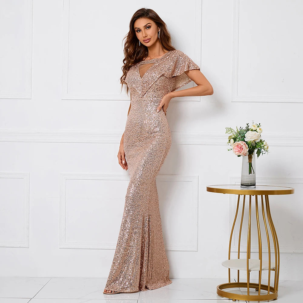 Elegant Long Gold Sequin Dress V Neck Party Maxi Dress Women Prom Evening Outfit